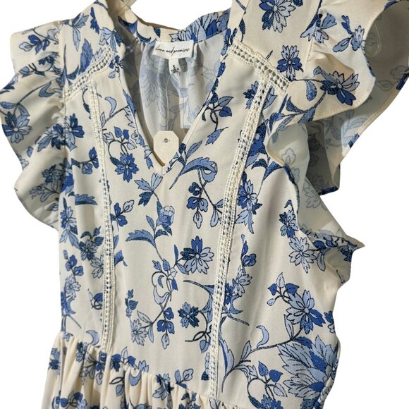 Love & Promises Blue & White Floral Dress with Short Ruffle Sleeves - Size Small - Picture 5 of 10